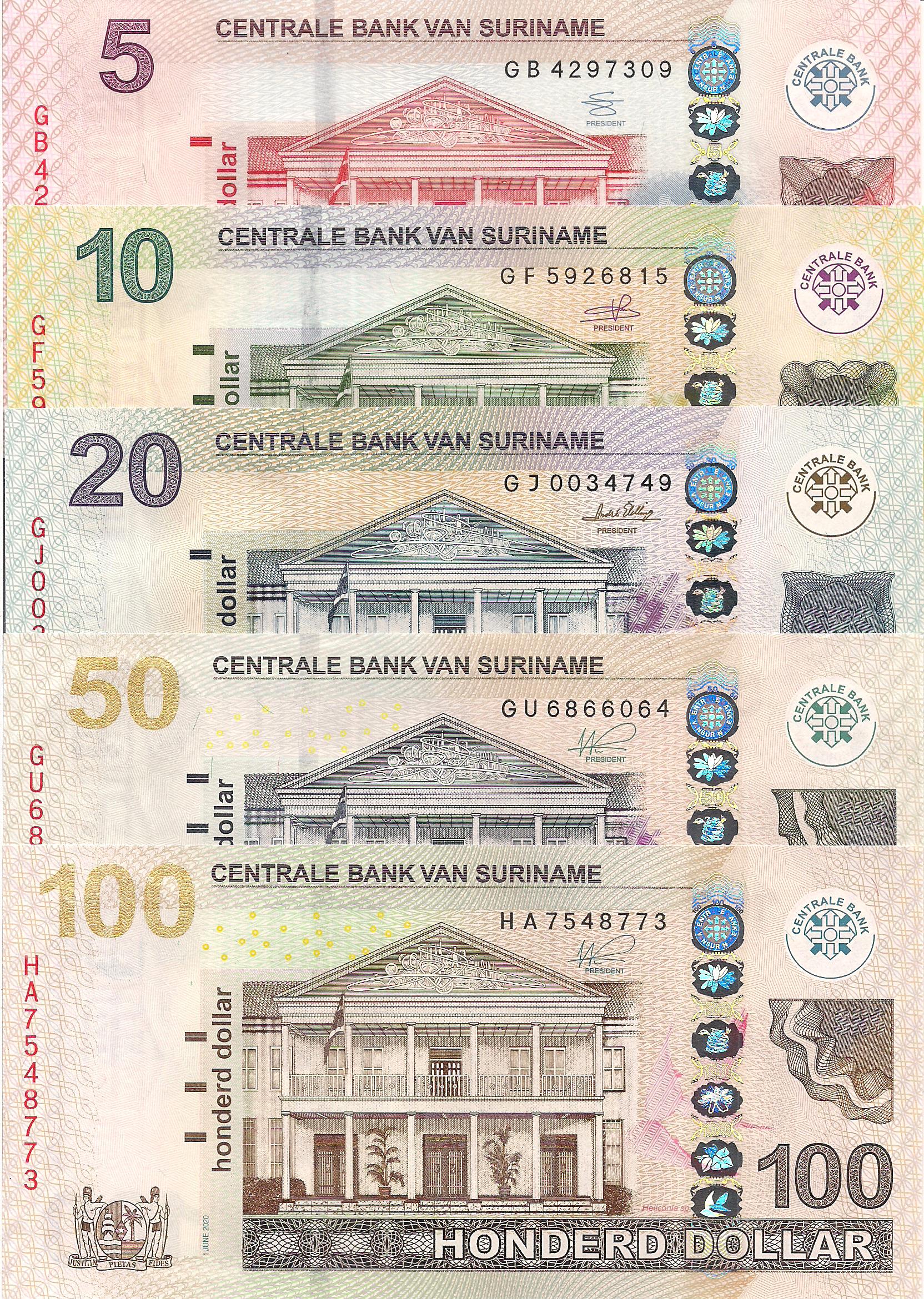 Suriname 5 - 100 Dollars UNC pick #: 162 - 166